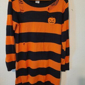 Spirit Costume Pumpkin Patch Black & Orange Stripe Distressed Sweater Dress